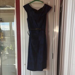 Le Chateau Blue Sheath Midi Dress with Sweetheart Neckline and Cap Sleeves